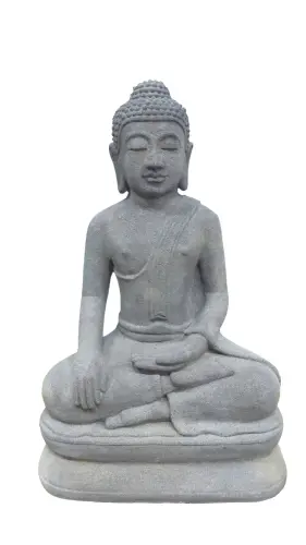 Artikelbild des Artikels “Sitzender Buddha, Indien, Lavagestein, handgefertigt und gefärbt, 30 cm hoch, antike Ausführung “