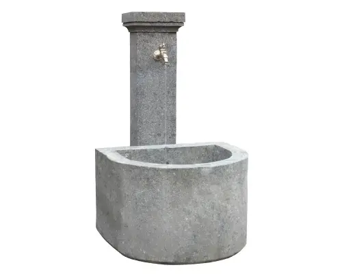 Artikelbild des Artikels “Wandbrunnen Modell Genua, 120 cm Höhe, Naturstein (Basanit), Steinmetzarbeit, inkl. Pumpe, Rohre, Wasserhahn, Bohrung. Naturstein, Grau “
