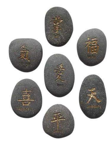 Artikelbild des Artikels “Glücksstein - 7er-Set Chinesisches Zeichen, grau/gold, französischer Text |Natur “