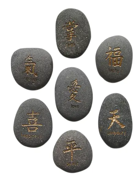 Artikelbild 1 des Artikels “Glücksstein - 7er-Set Chinesisches Zeichen, grau / gold, englischer Text |Natur “