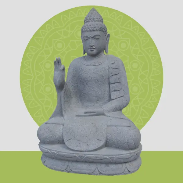 Artikelbild 1 des Artikels “Sitzender Buddha mit floraler Schnitzerei - Abhaya-Stellung. Etwa 68cm Länge, 42cm Breite, 100cm Höhe. Naturstein (Flussstein), Steinmetzarbeiten “