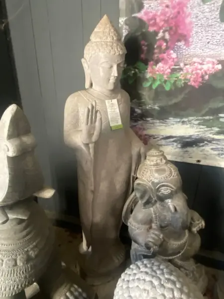 Product image 1 of the product “Standing Buddha with floral carving, Abudaya position. 37 x 32 x 152cm. Natural stone (river stone), stonemasonry ”
