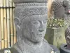 Product image 3 of the product “Javanese Ken Dedes head with a pot on it, can be used as planter. 54 x 54 x 101cm. Stone cast, handcrafted & coloured ”