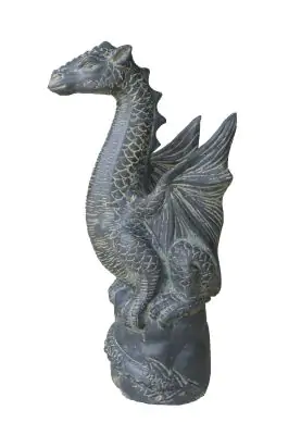 Artikelbild des Artikels “Sitzender Drache auf Stein, ca. 75 cm H. Steinguss, handgefertigt & farbig “