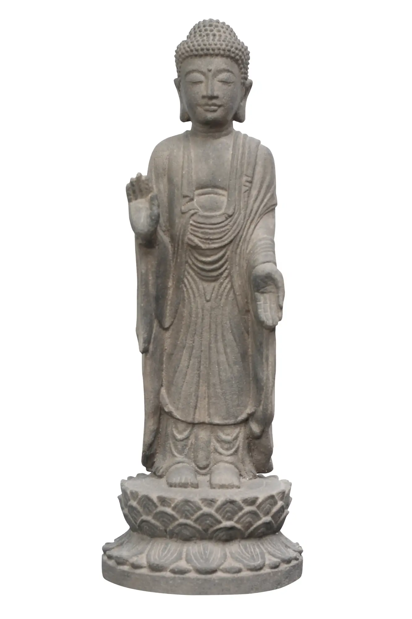 Artikelbild 1 des Artikels “Stehender Buddha, Indien, Formstein / geschnitzt, handgefertigt & farbig. Die Höhe beträgt 60 cm. Gefärbt in der Farbe antik finish “