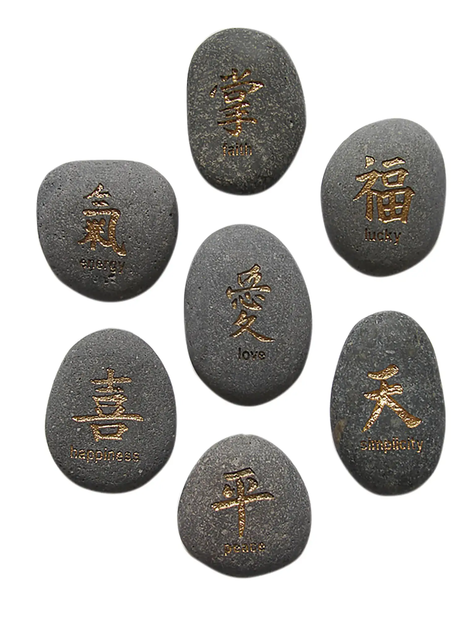 Artikelbild 1 des Artikels “Glücksstein - 7er-Set Chinesisches Zeichen, grau / gold, englischer Text |Natur “