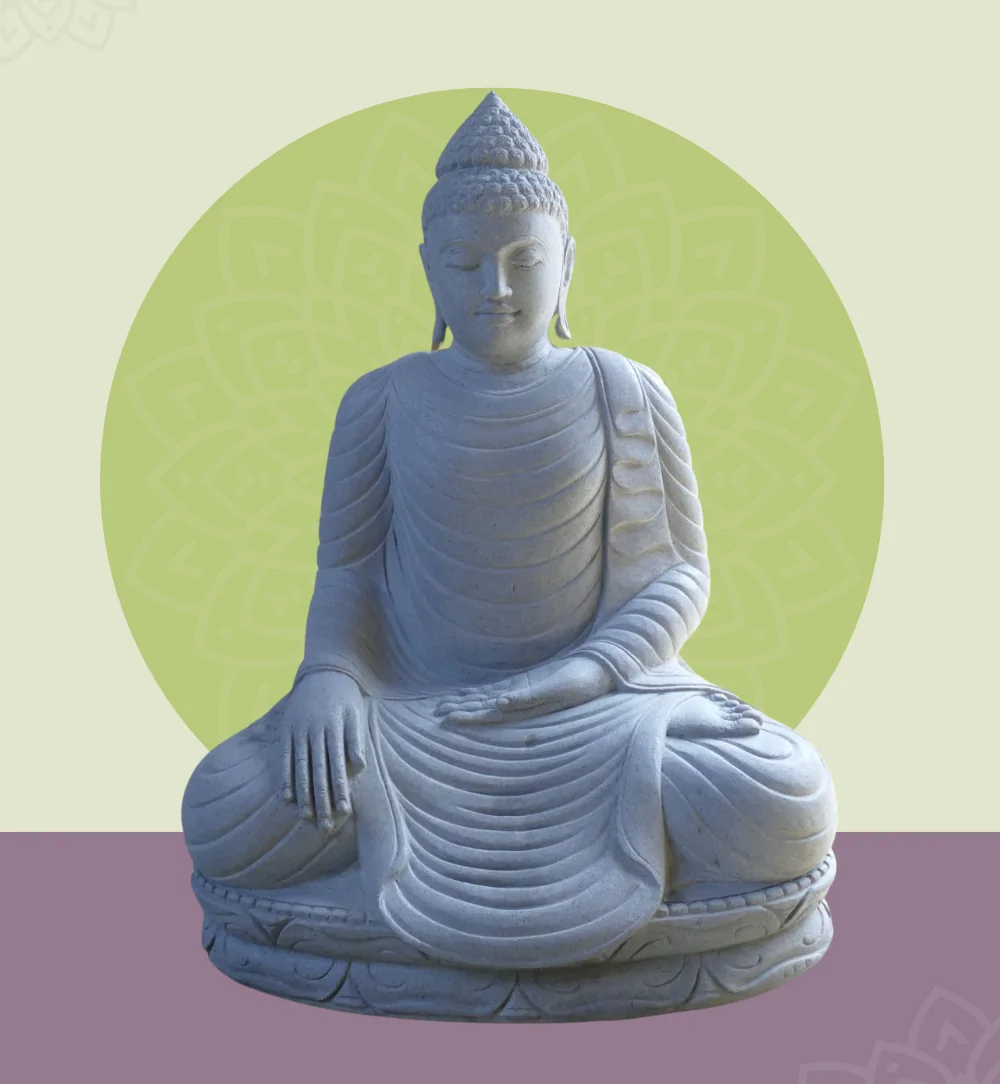 Artikelbild 1 des Artikels “Sitzender Buddha aus Flussstein in Bhumisparsha - Geste des Berührens der Erde. Etwa 115cm Höhe. “